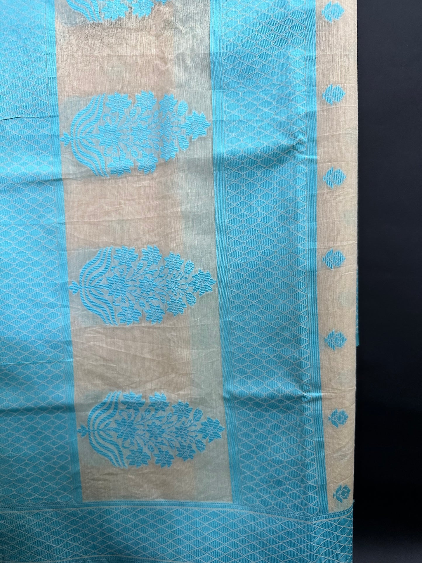 White and Blue Banarasi Cotton Suit Set