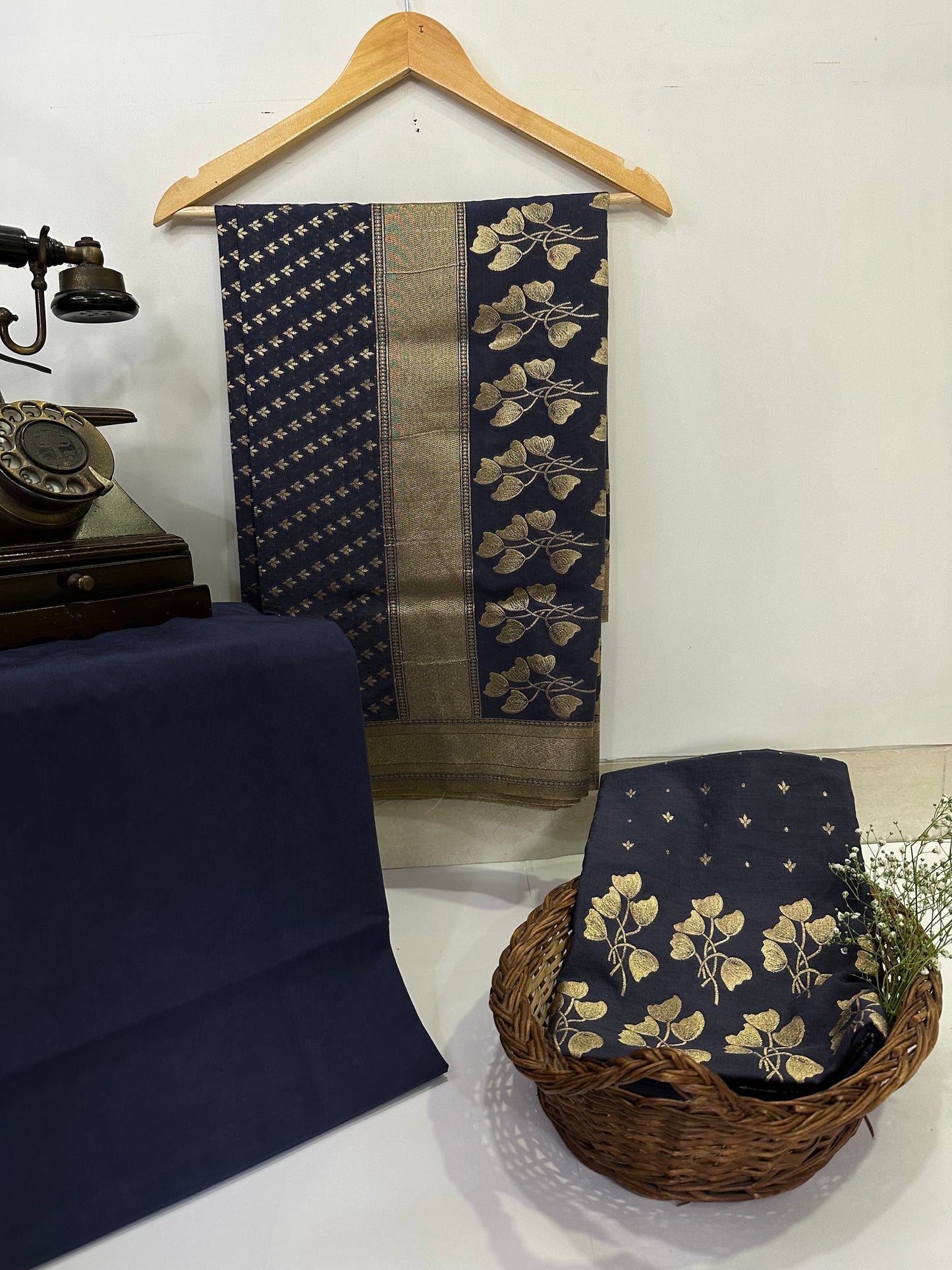 BANARASI COTTON SUIT SET- NAVY GRAY
