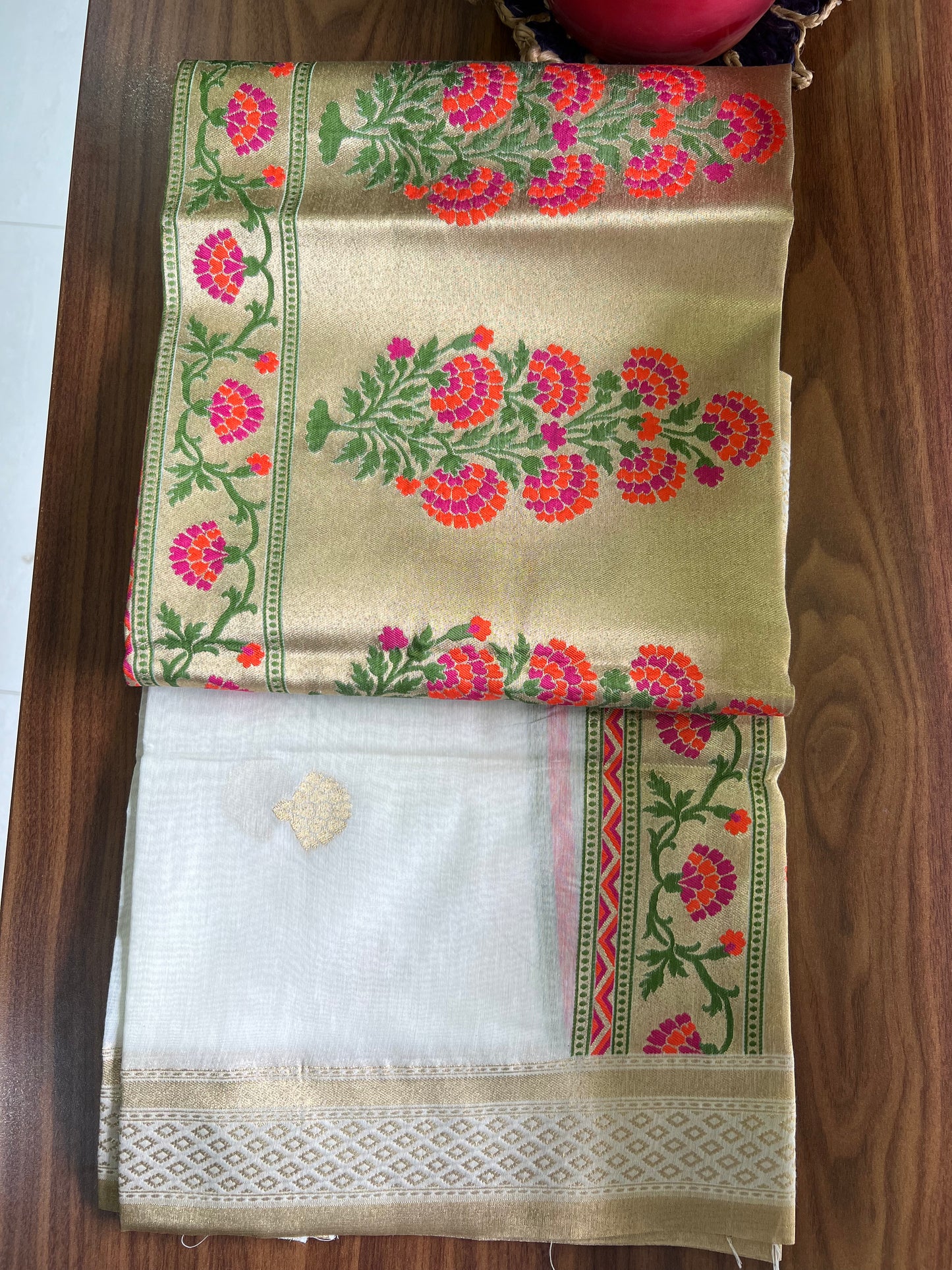 BANARASI COTTON SUIT- RANI PINK AND ORANGE FLORAL