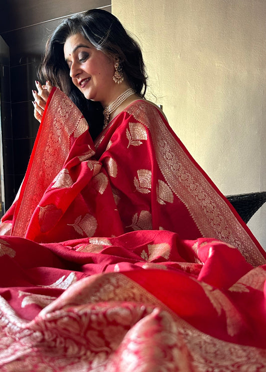Pure Red Moonga Silk Saree