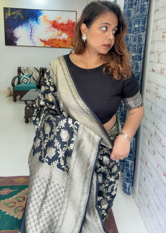 Black Pure Moonga Silk Saree