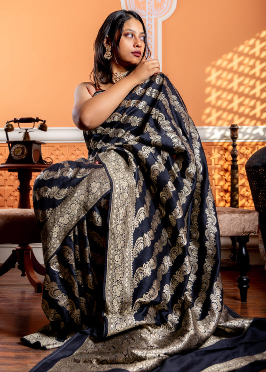 Black Pure Moonga Silk Saree