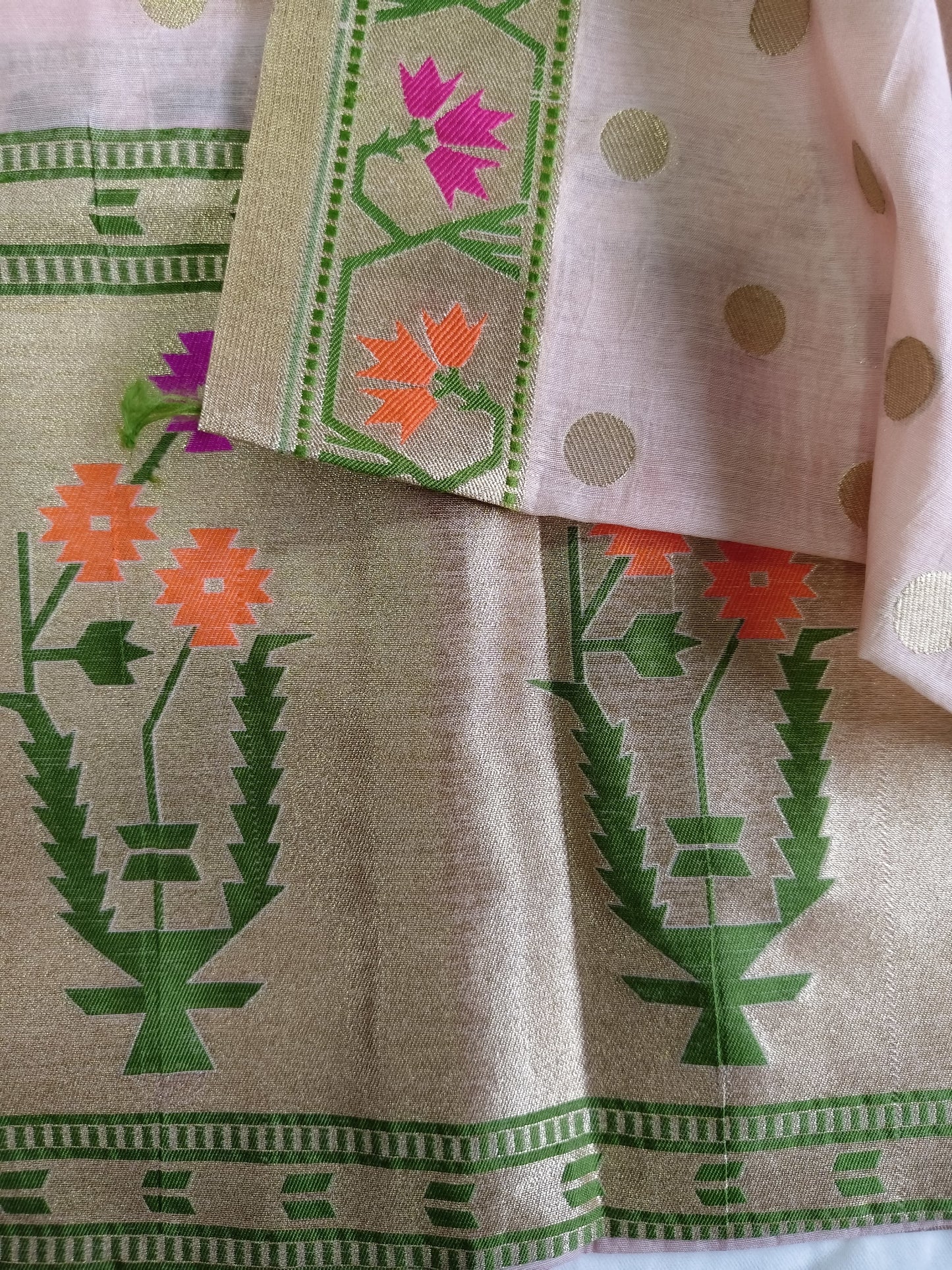 Peach Polka Banarasi Cotton Suit Set