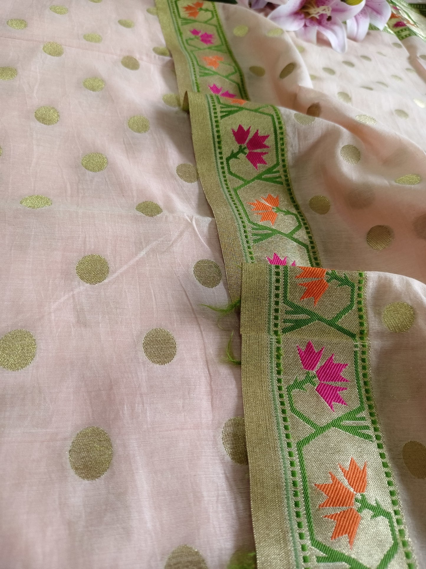 Peach Polka Banarasi Cotton Suit Set