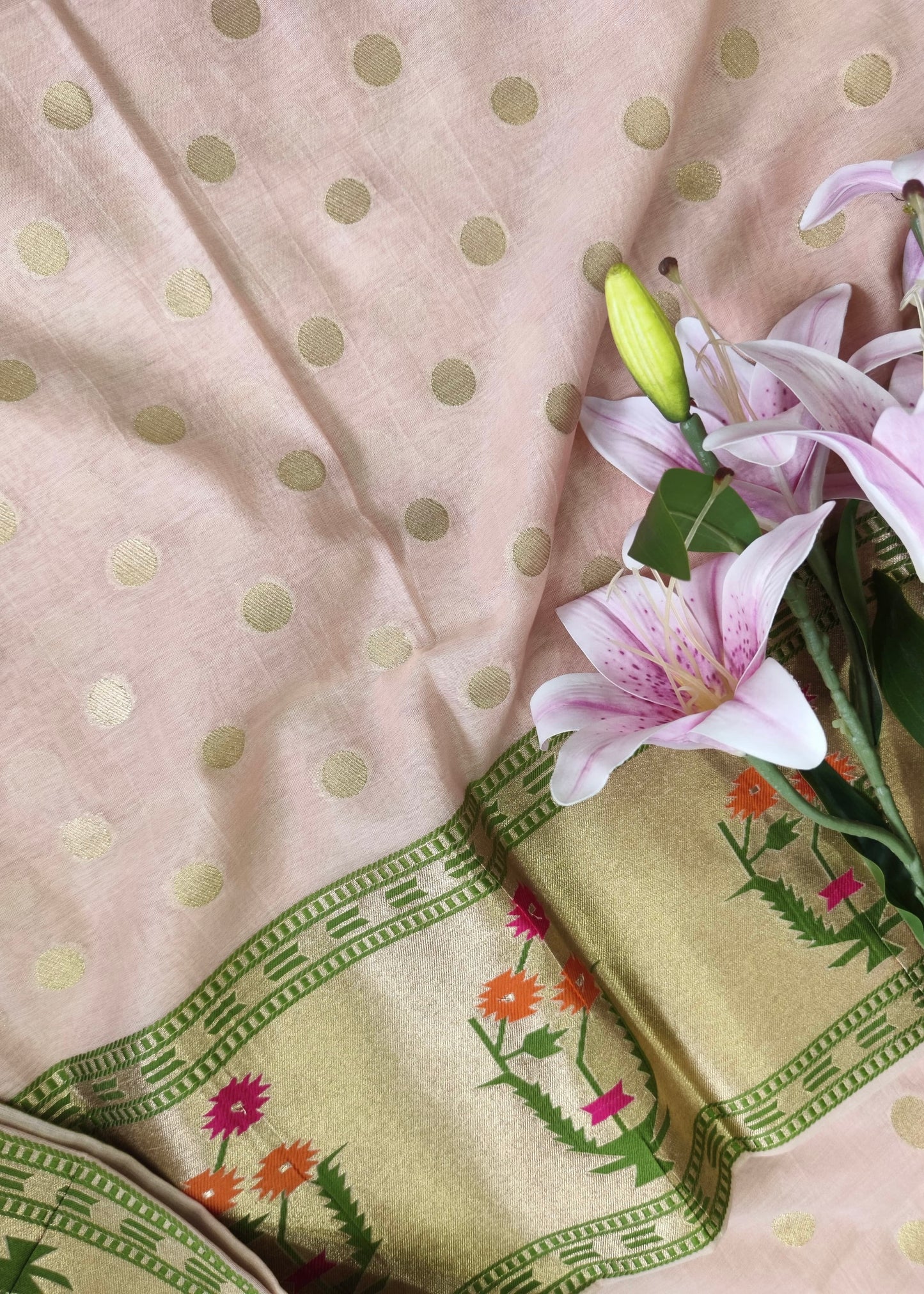 Peach Polka Banarasi Cotton Suit Set