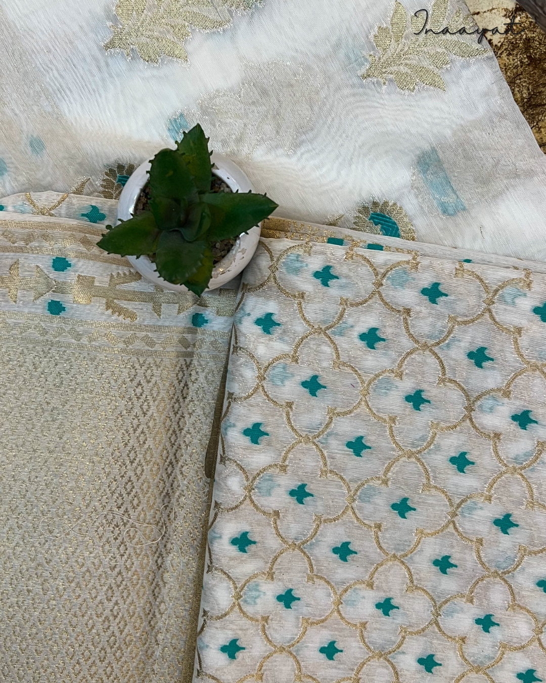 BANARASI COTTON SUIT- WHITE WITH TEAL BOOTI