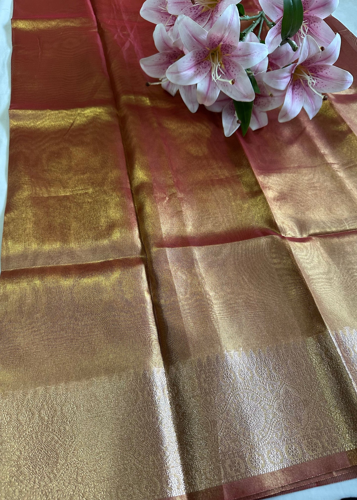 Orange Gold Tissue Border Saree