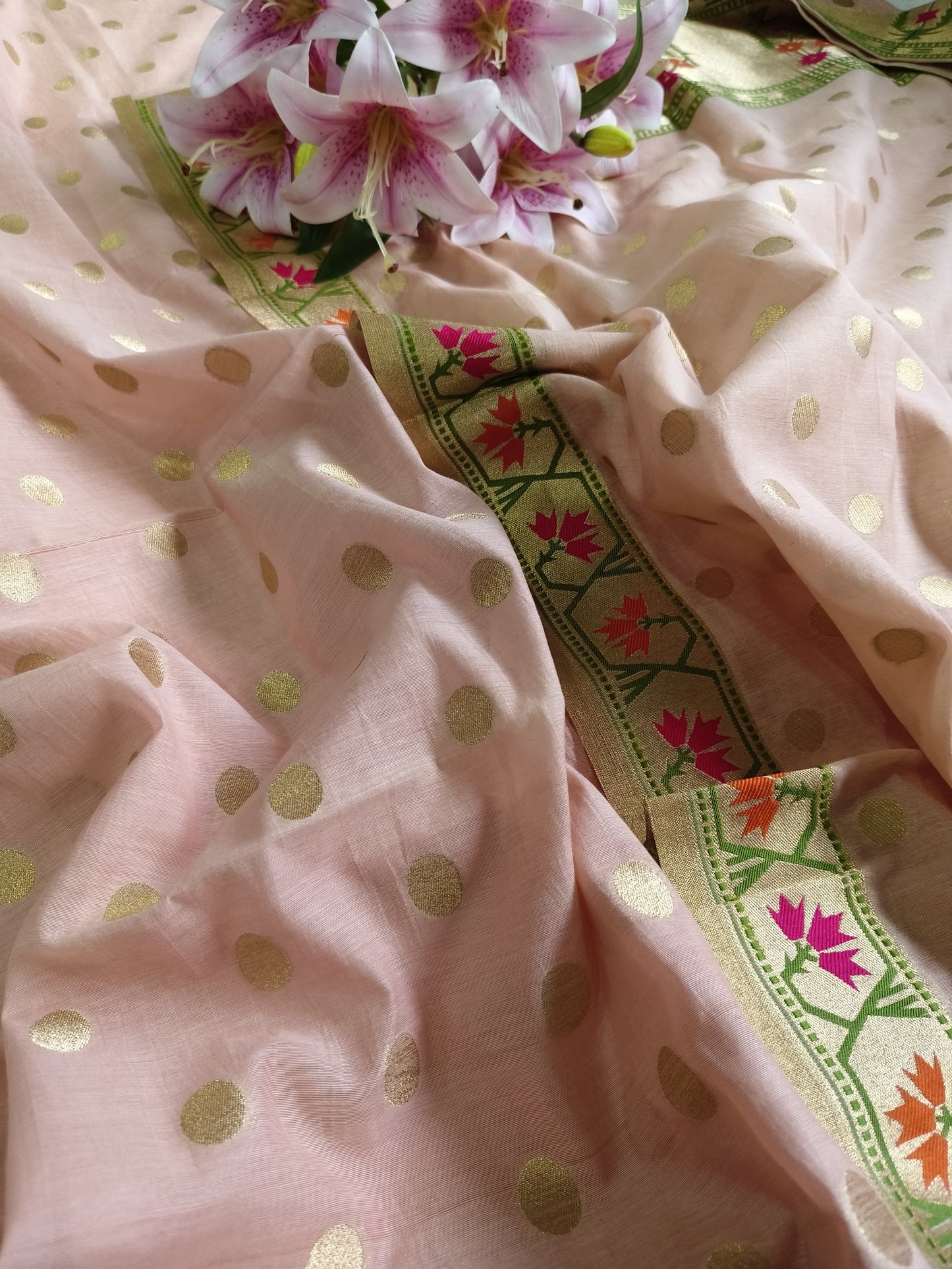 Peach Polka Banarasi Cotton Suit Set