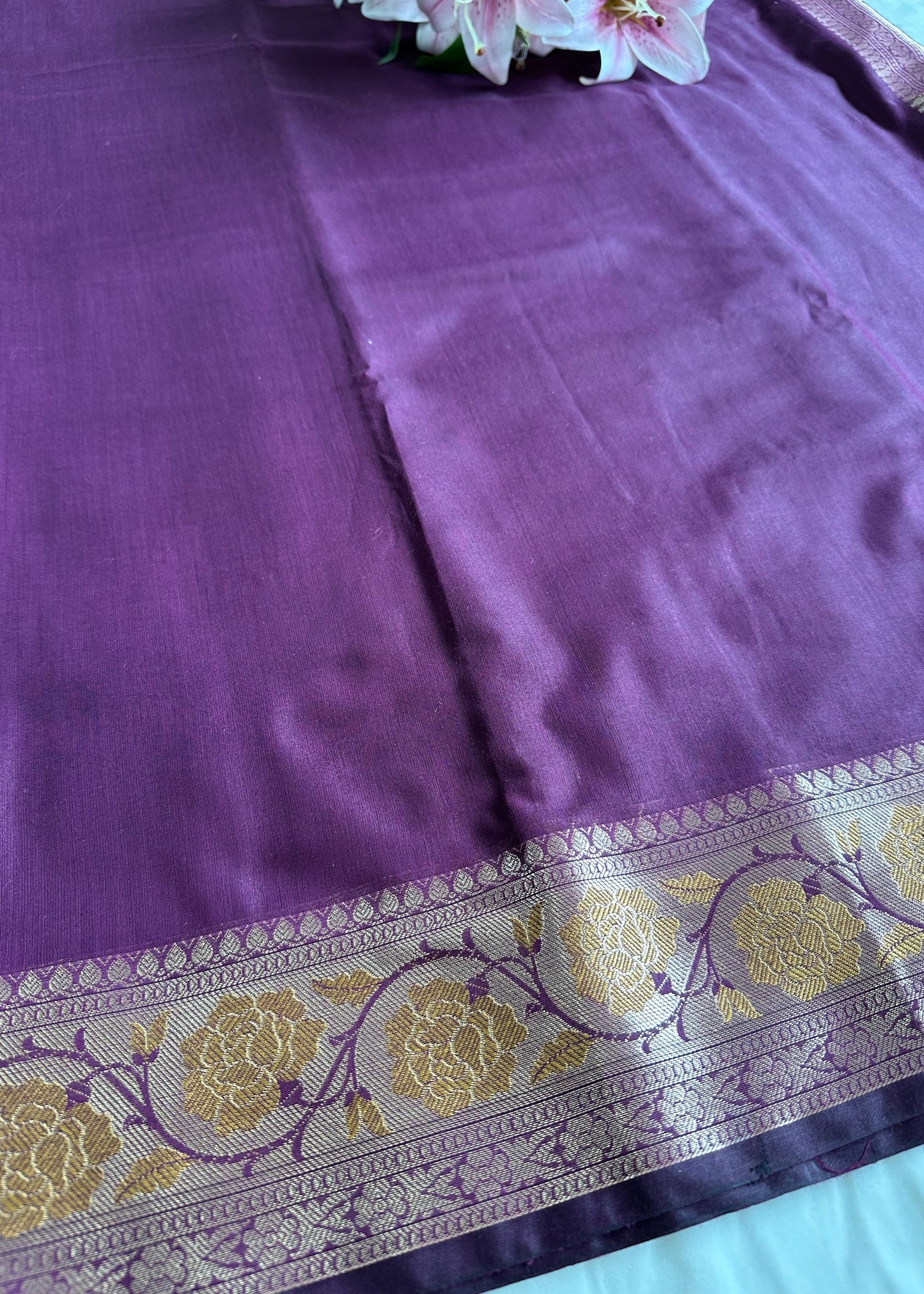 Purple Cotton Saree With Gold Zari