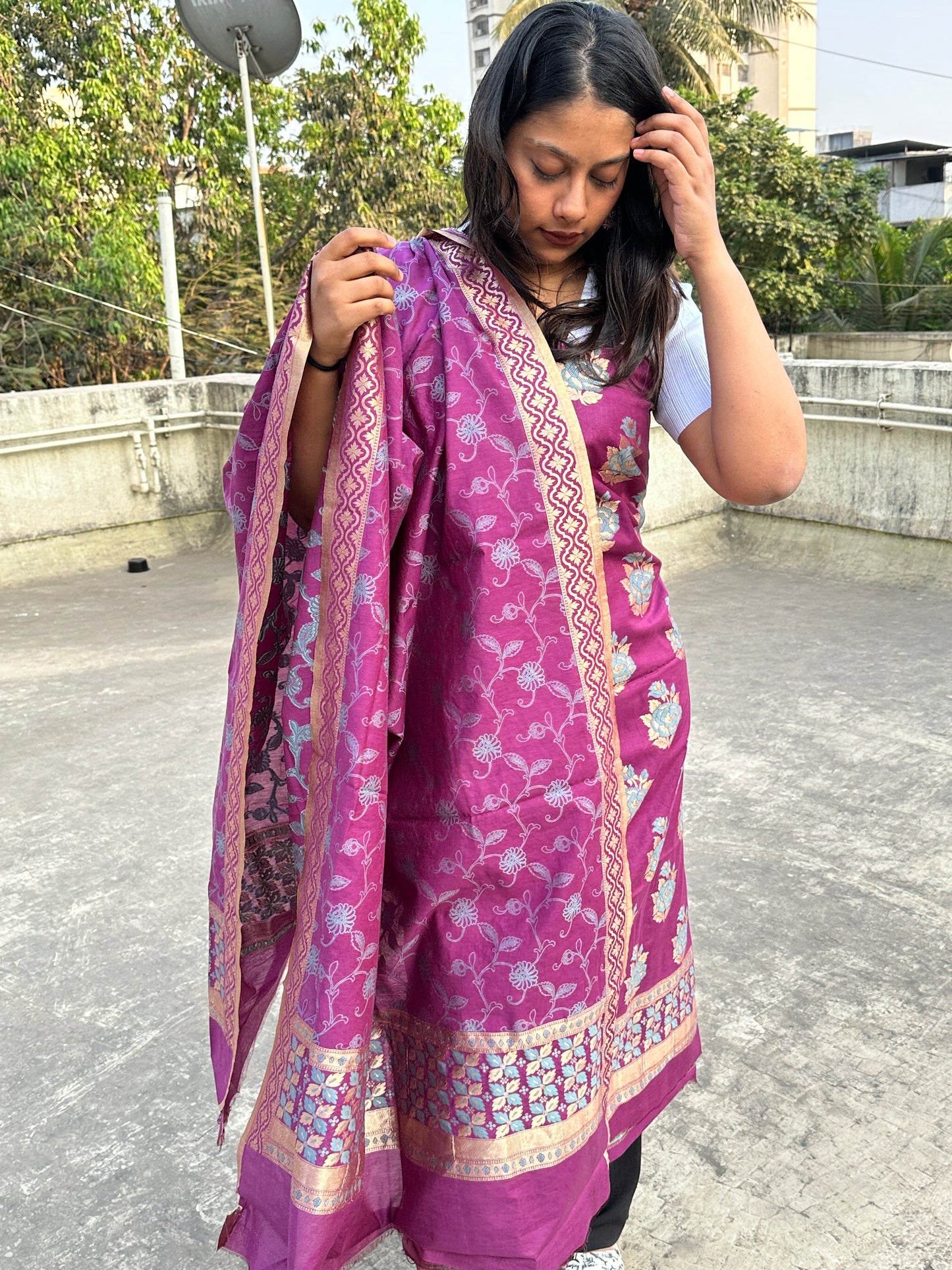 Purple Banarasi Cotton Suit Set