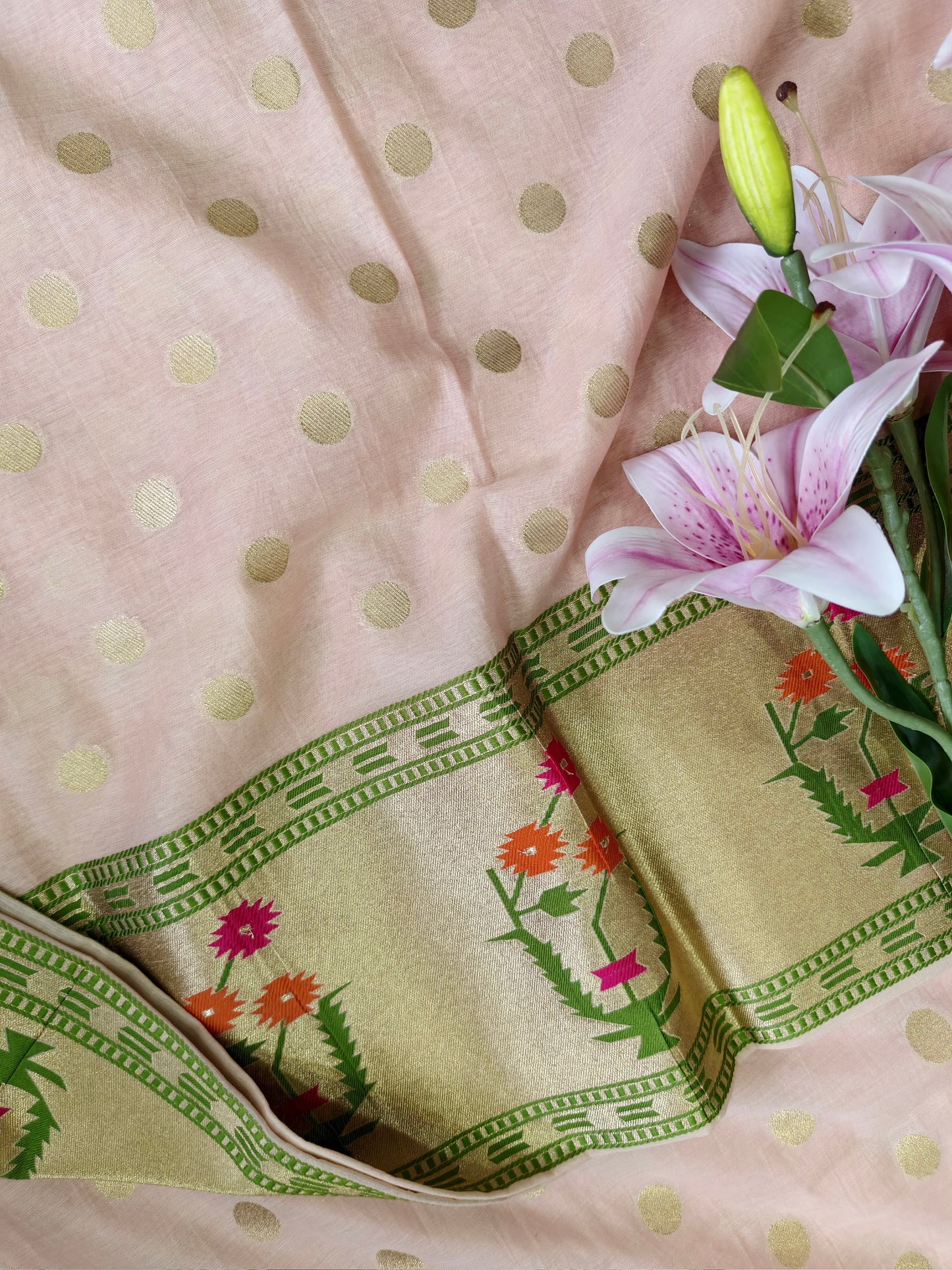 Peach Polka Banarasi Cotton Suit Set