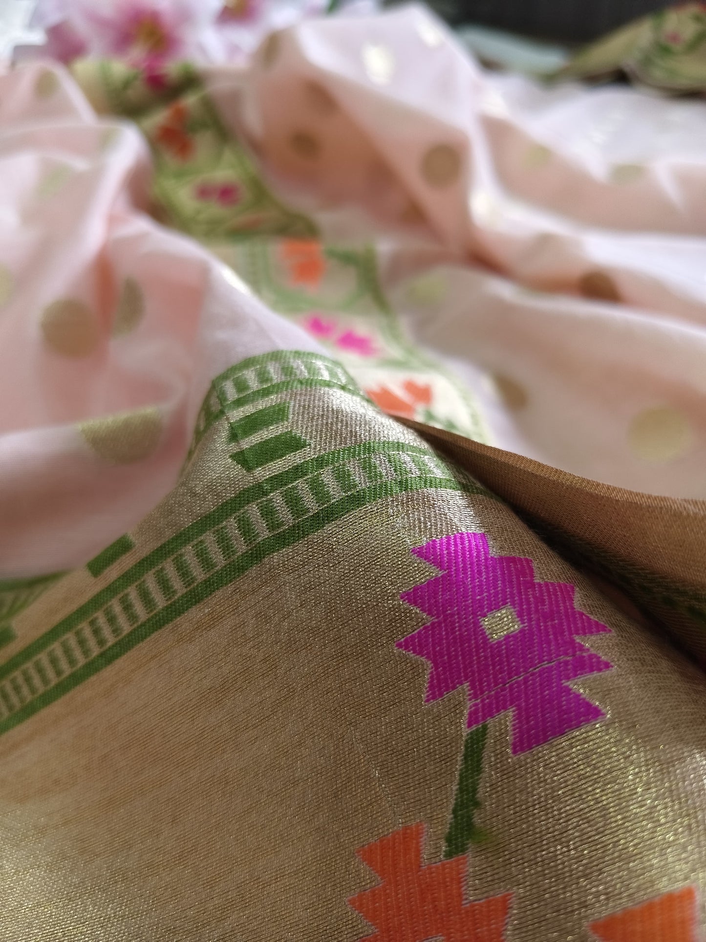 Peach Polka Banarasi Cotton Suit Set