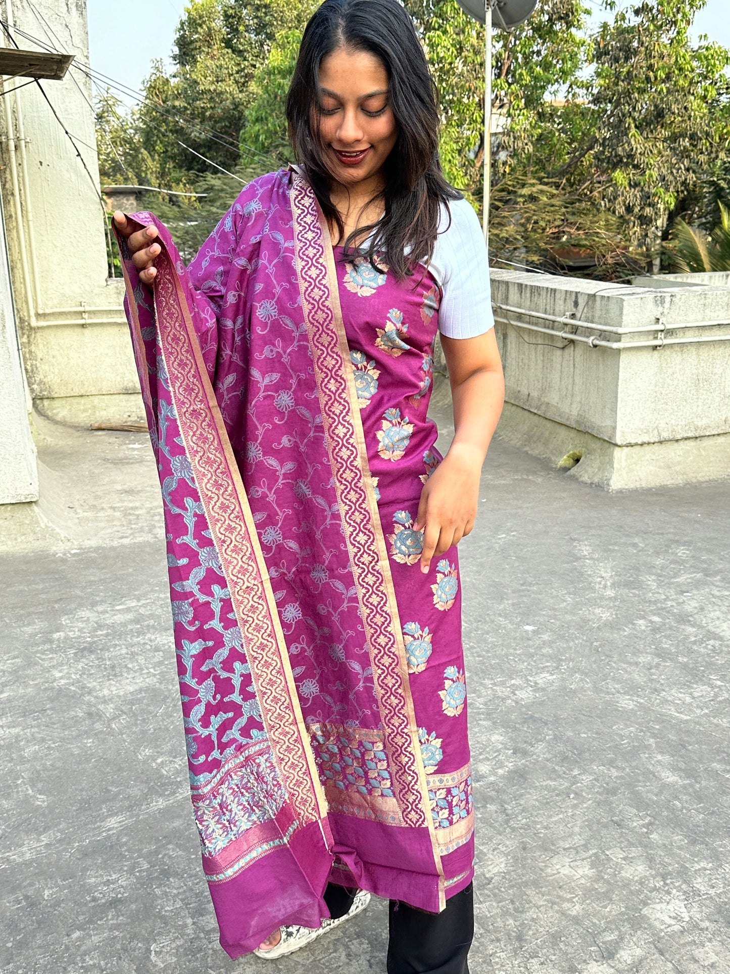 Purple Banarasi Cotton Suit Set