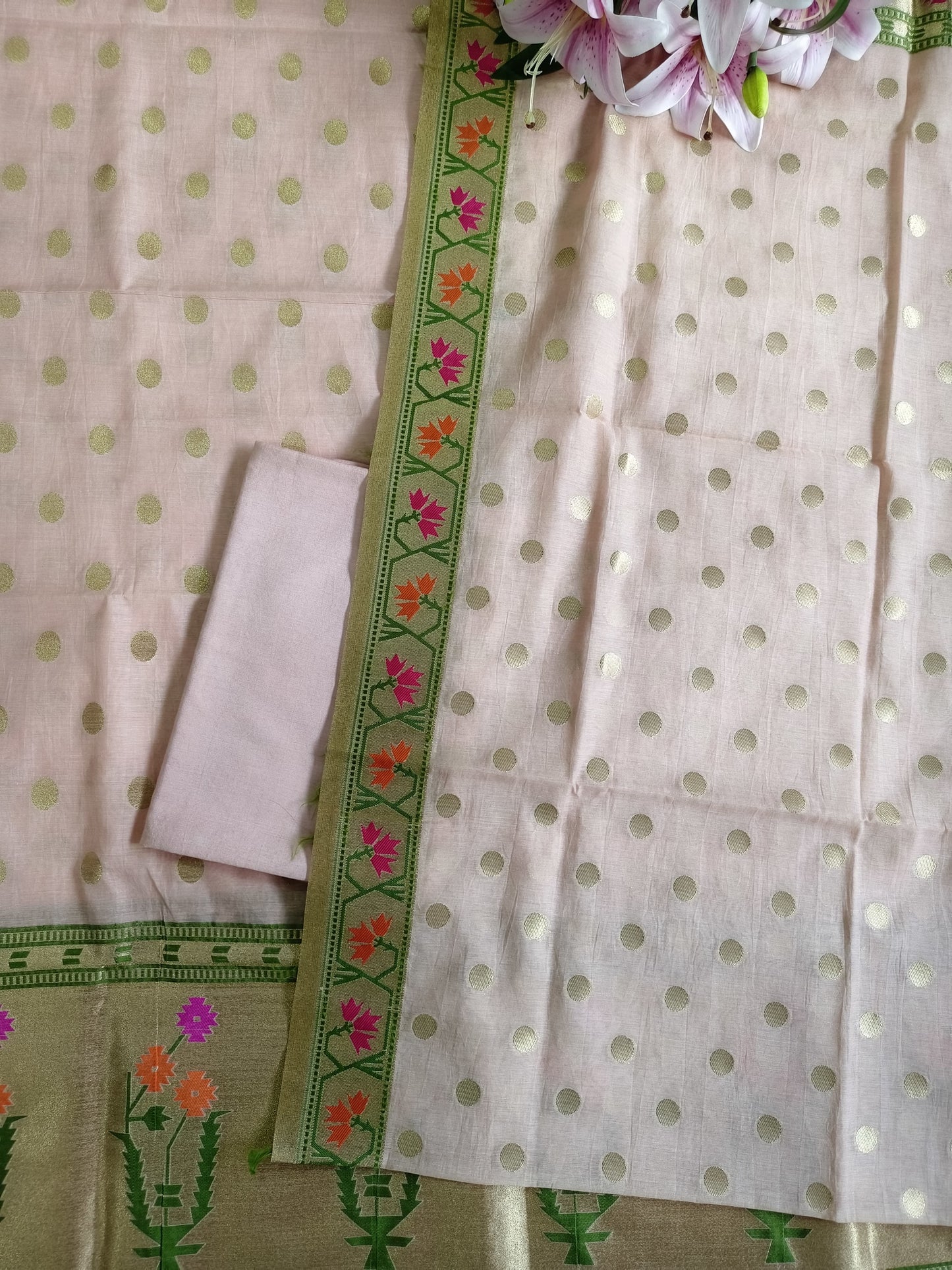 Peach Polka Banarasi Cotton Suit Set