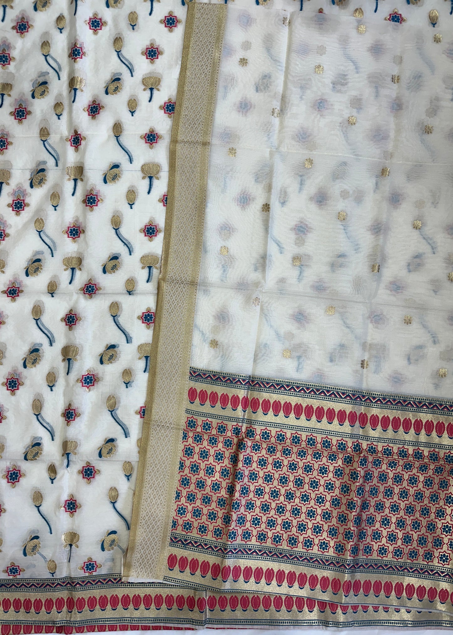 White Banarasi Cotton Suit Set with colorful Booti