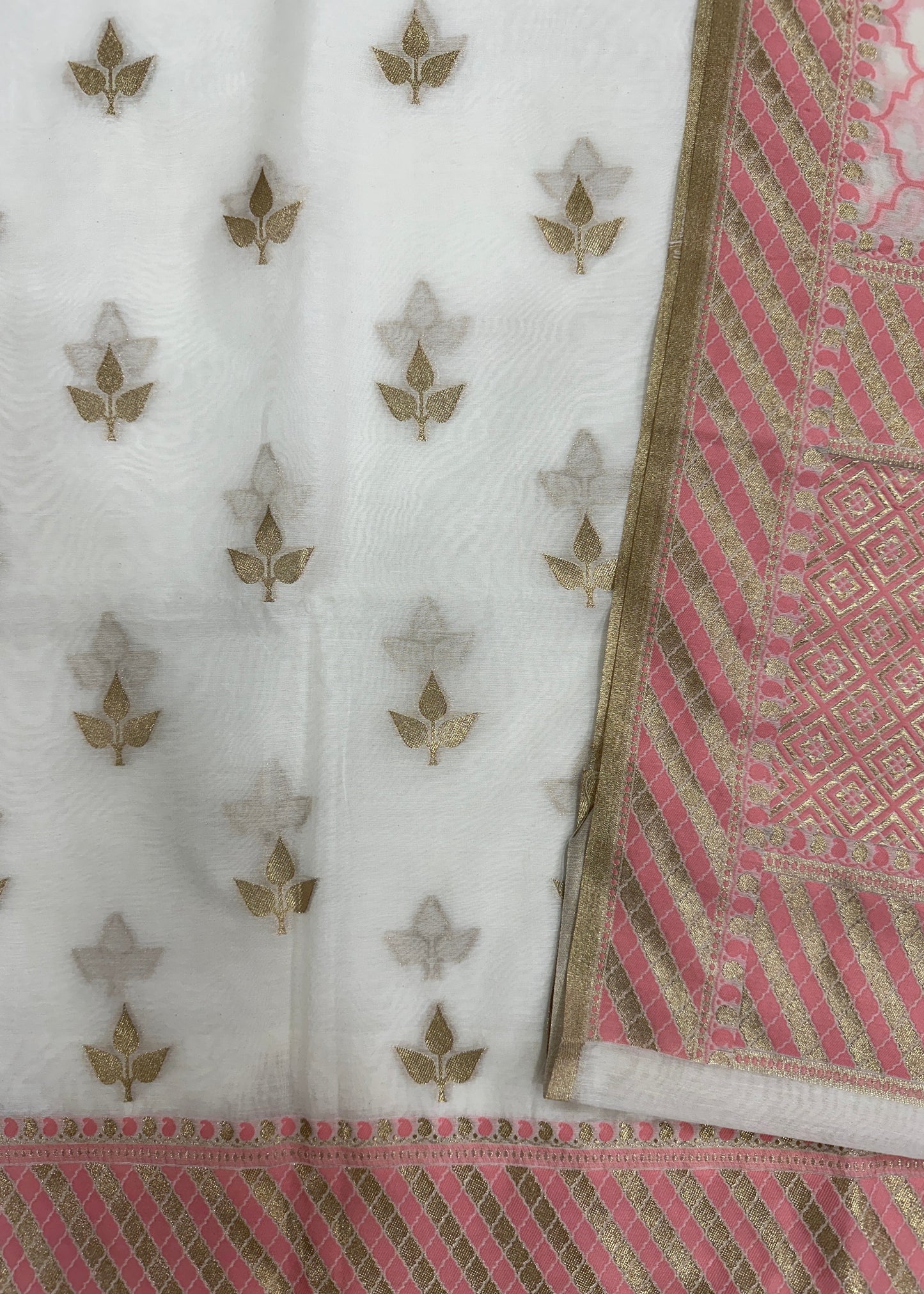 White and Peach Banarasi Cotton Suit Set