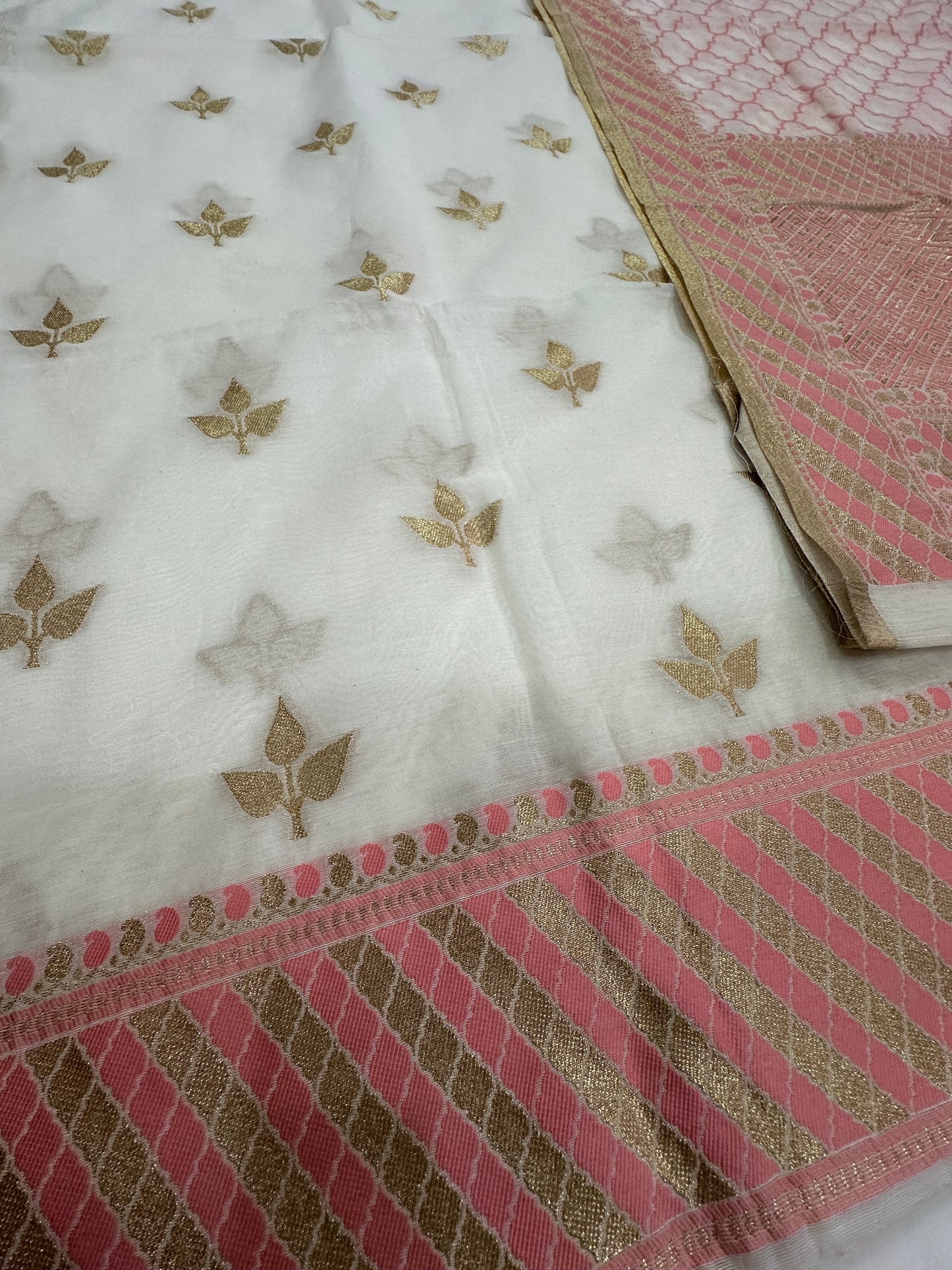 White and Peach Banarasi Cotton Suit Set