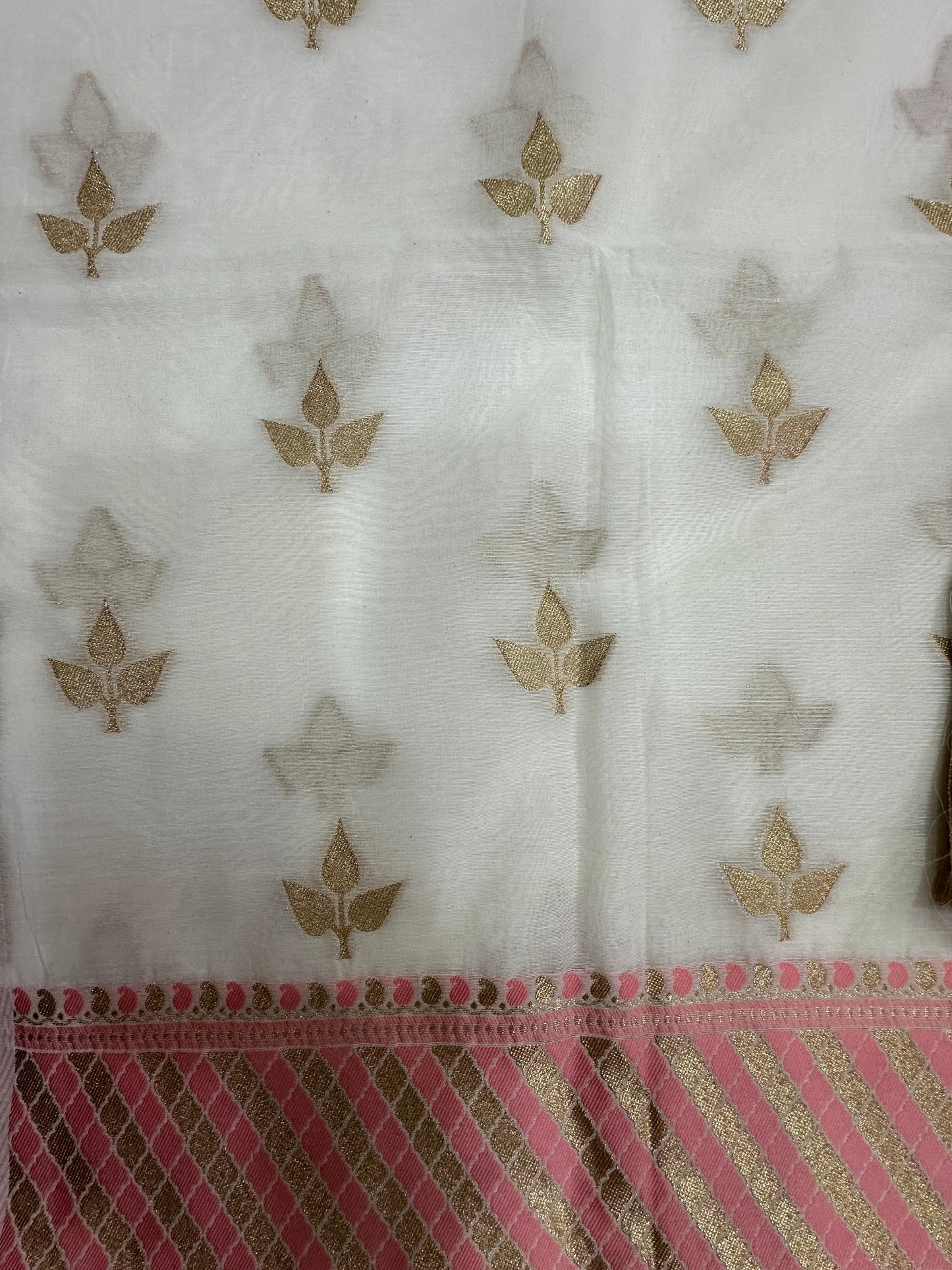White and Peach Banarasi Cotton Suit Set