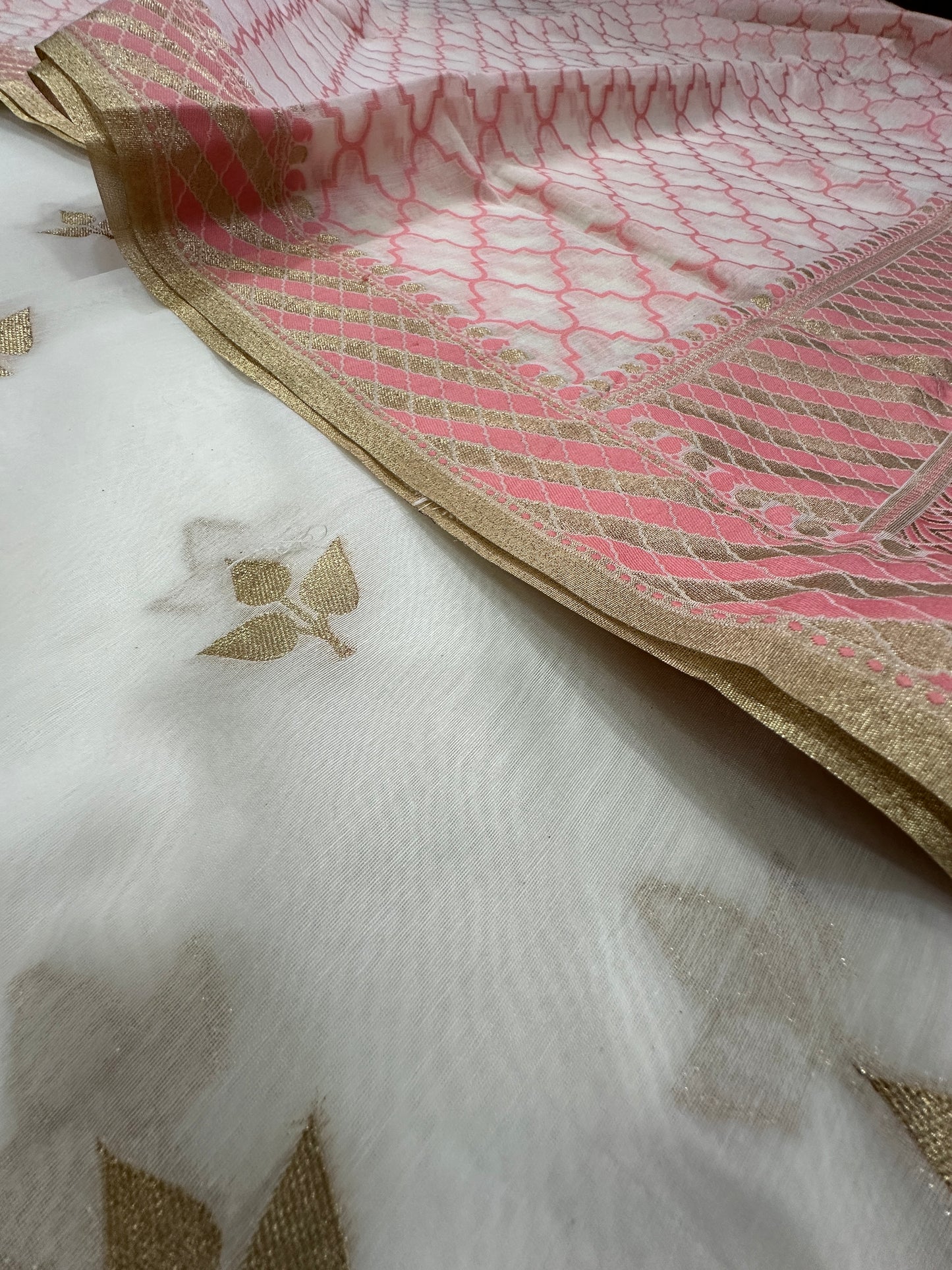 White and Peach Banarasi Cotton Suit Set