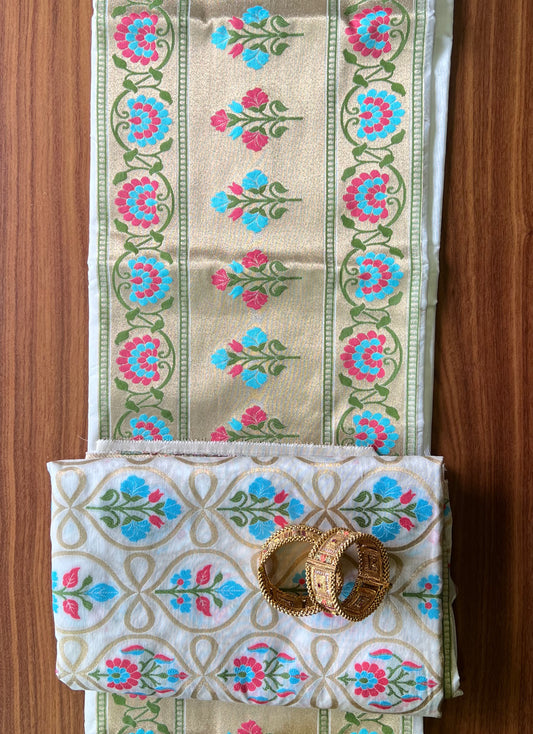 BANARASI COTTON SUIT- WHITE WITH BLUE WORK