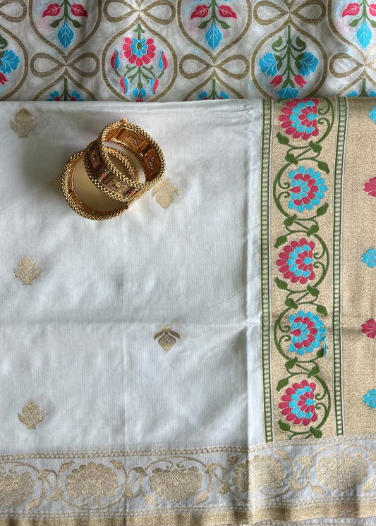 White and Blue Banarasi Cotton Suit Set