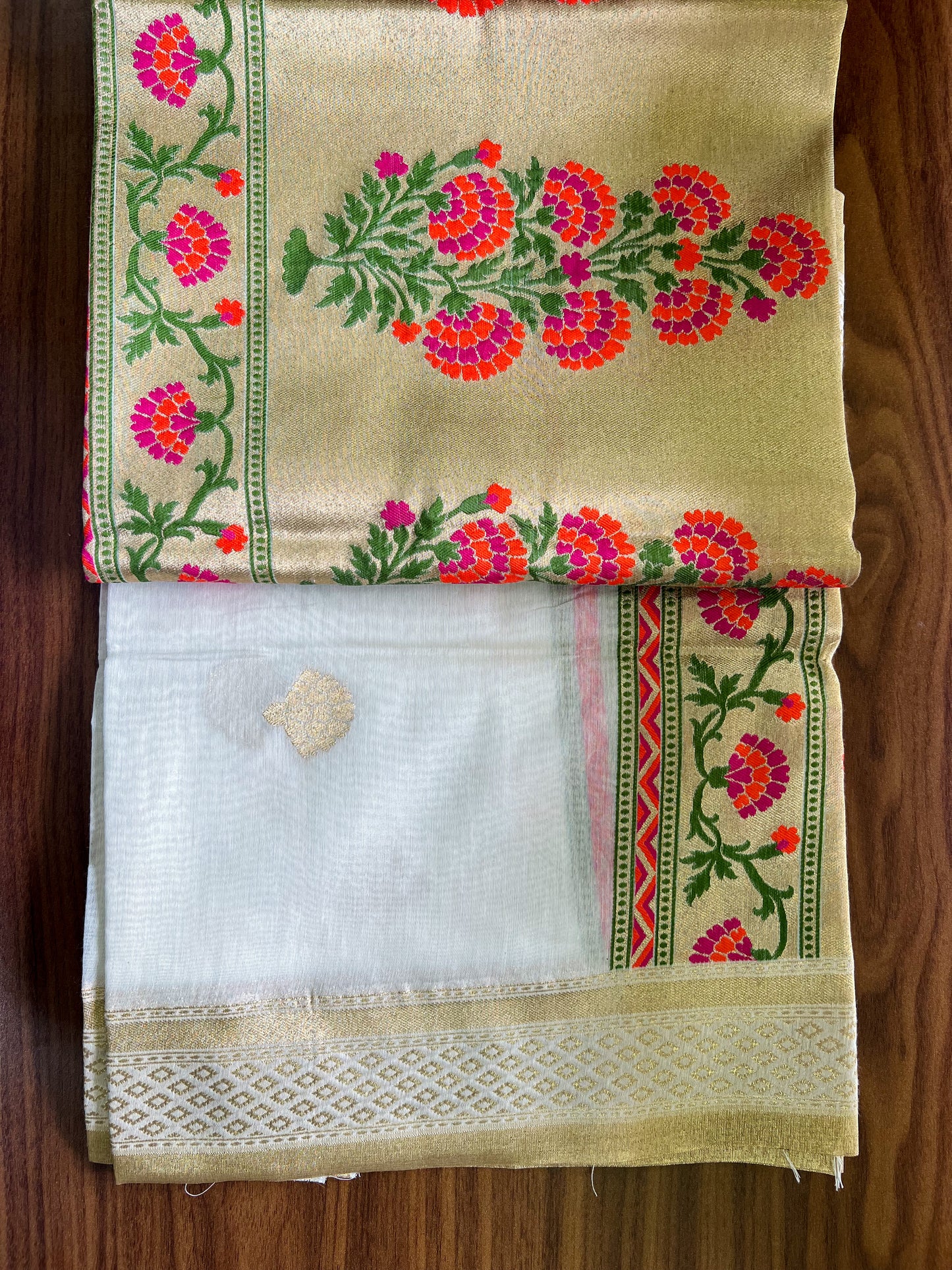 BANARASI COTTON SUIT- RANI PINK AND ORANGE FLORAL