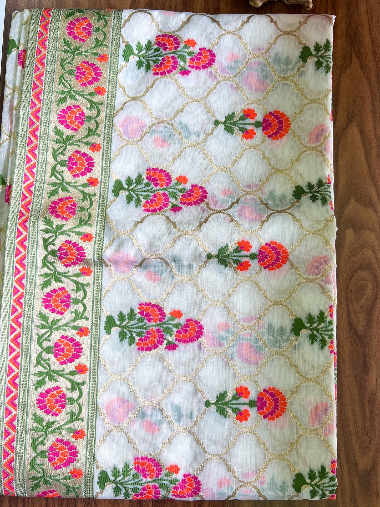 BANARASI COTTON SUIT- RANI PINK AND ORANGE FLORAL