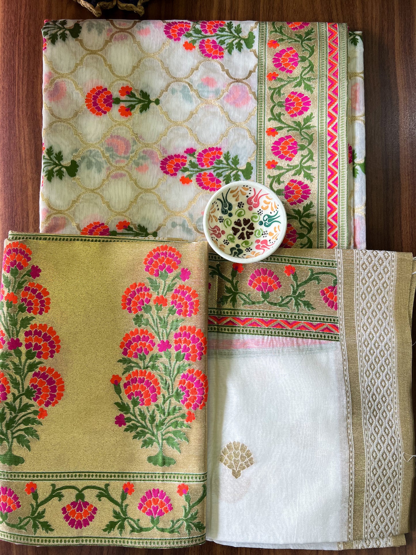 BANARASI COTTON SUIT- RANI PINK AND ORANGE FLORAL