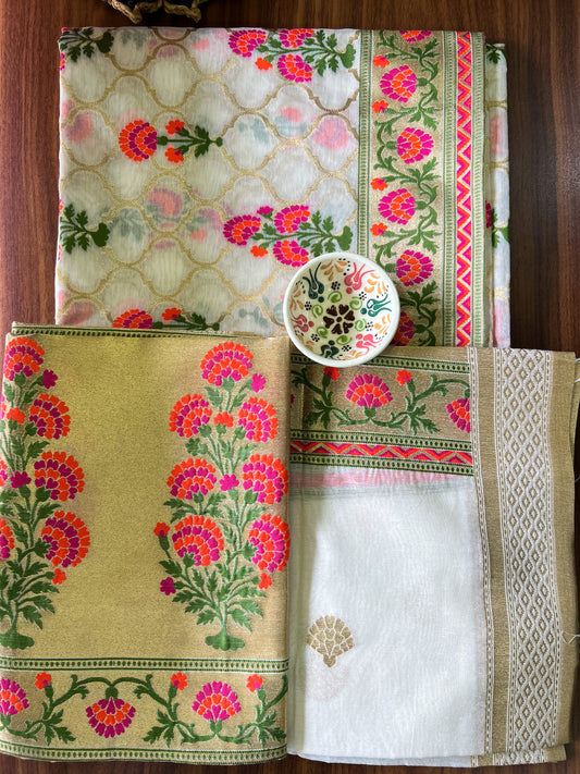 BANARASI COTTON SUIT- RANI PINK AND ORANGE FLORAL