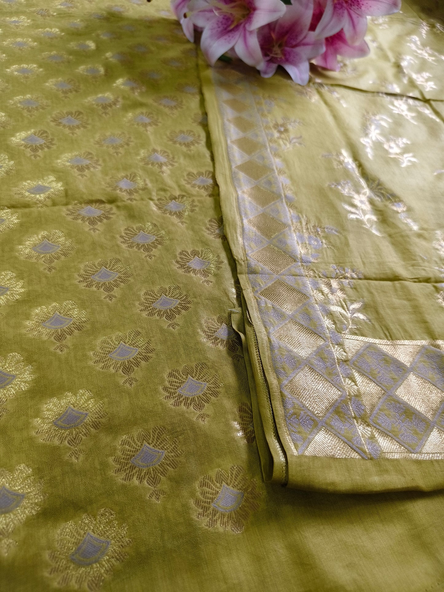Olive Green Pure Cotton Banarasi Suit Set
