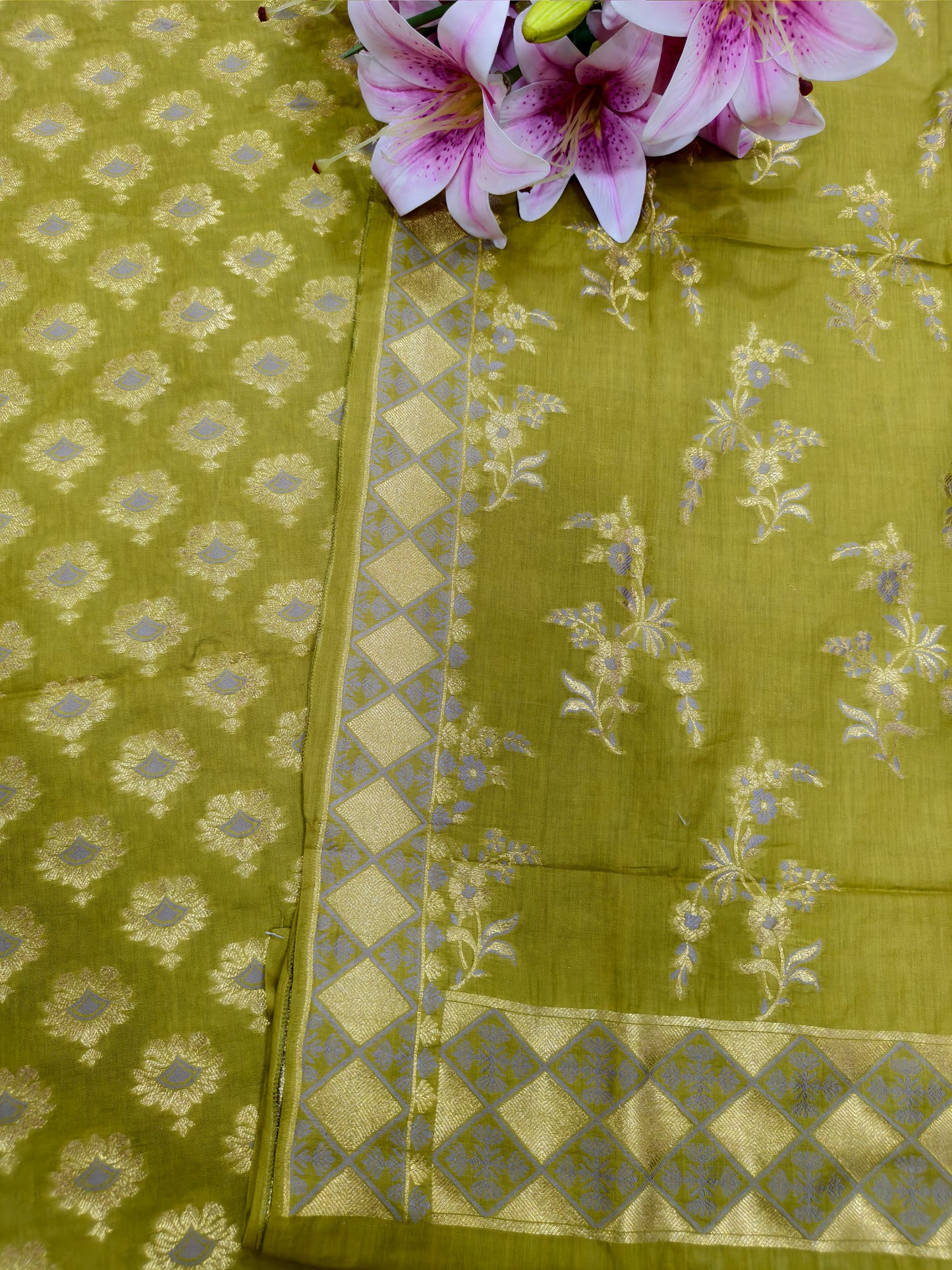 Olive Green Pure Cotton Banarasi Suit Set